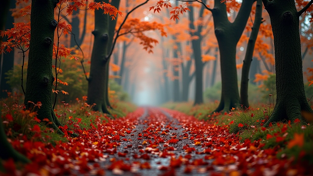 Rudens lapai raudonai ir oranžinai spalvoti, šlapias žemė, nuostabus peizažas